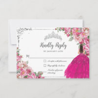 Fuchsia Pink Floral Silver Princess Quinceanera