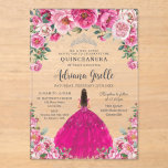 Fuchsia Pink Floral Silver Quinceanera XV Birthday Acrylic Invitations<br><div class="desc">Personalize this pretty floral Quinceañera / Sweet 16 birthday acrylic invitation easily and quickly. Simply click the Edit Using Design Tools button to further edit the text, change font styles and font colors. Featuring a girl dressed in a vibrant fuchsia pink dress, a combination of pretty fuchsia pink and light...</div>