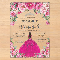 Fuchsia Pink Floral Silver Quinceanera XV Birthday