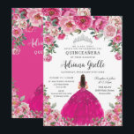 Fuchsia Pink Floral Silver Quinceanera XV Sweet 16 Invitation<br><div class="desc">Personalize this pretty floral Quinceañera / Sweet 16 birthday invitation easily and quickly. Simply click the Edit Using Design Tools button to further edit the text, change font styles and font colors. Featuring a girl dressed in a vibrant fuchsia pink dress, a combination of pretty fuchsia pink and light pink...</div>