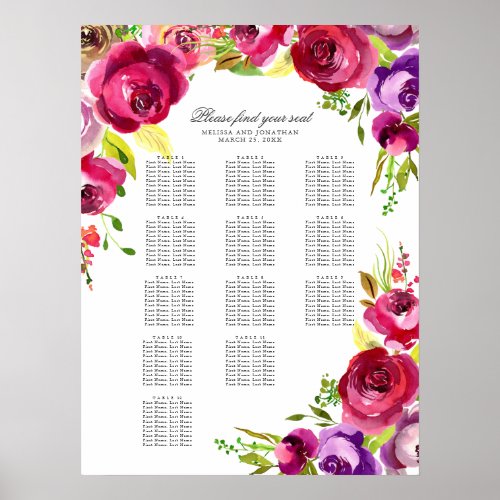 Fuchsia Pink Floral Spring Wedding Seating Chart