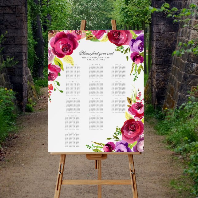 Fuchsia Pink Floral Spring Wedding Seating Chart Foam Board (Creator Uploaded)