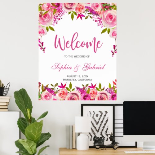 Fuchsia Pink Floral Wedding Welcome Poster