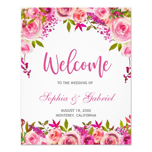 Fuchsia Pink Floral Wedding Welcome Poster (Front)