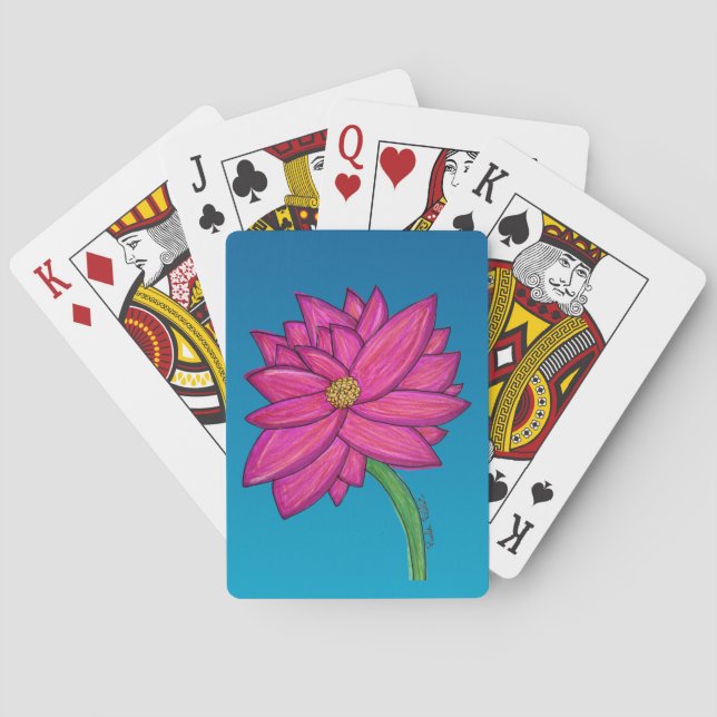 Fuchsia Pink Flower with blue background Tote Poker Cards (Back)
