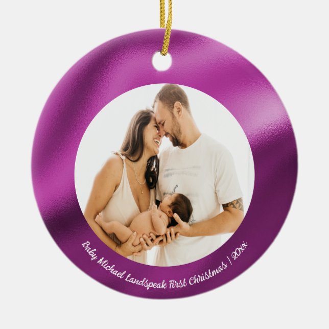 Fuchsia Pink Foil, Baby 1st Christmas Ceramic Ornament (Front)