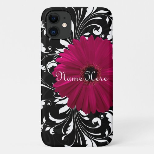 Fuchsia Pink Gerbera Daisy BlackWhite Swirl iPhone 11 Case