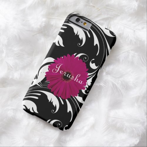 Fuchsia Pink Gerbera Daisy BlackWhite Swirl Girly Barely There iPhone 6 Case