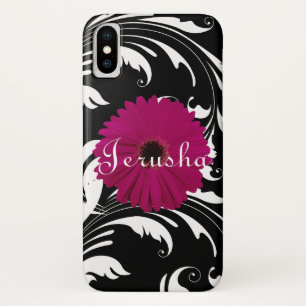 Fuchsia Pink Gerbera Daisy Black/White Swirl Girly iPhone X Case