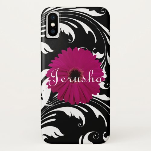Fuchsia Pink Gerbera Daisy BlackWhite Swirl Girly iPhone X Case