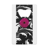 Fuchsia Pink Gerbera Daisy Black/White Swirl Girly Credit Card Bottle Opener (Front)