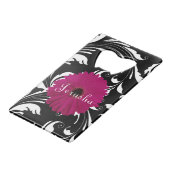 Fuchsia Pink Gerbera Daisy Black/White Swirl Girly Credit Card Bottle Opener (Back Angled)