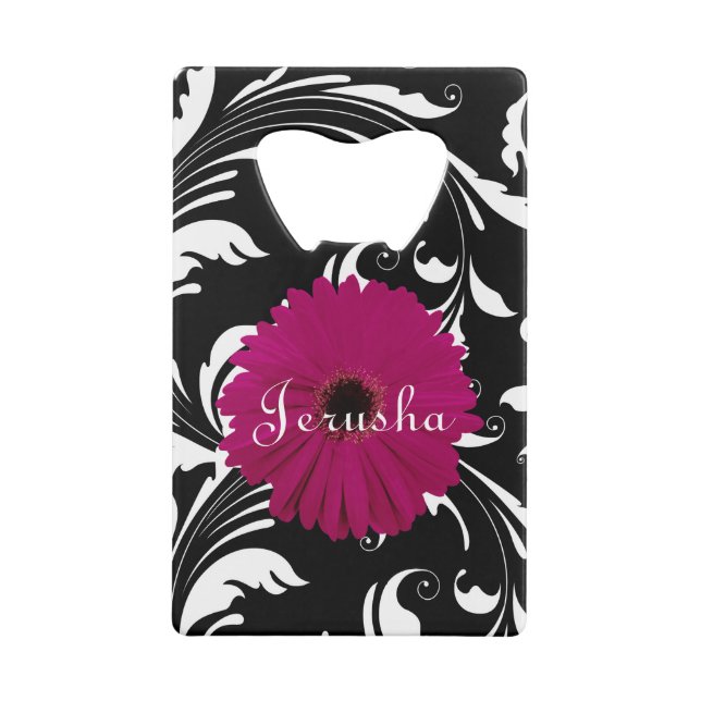 Fuchsia Pink Gerbera Daisy Black/White Swirl Girly Credit Card Bottle Opener (Back)
