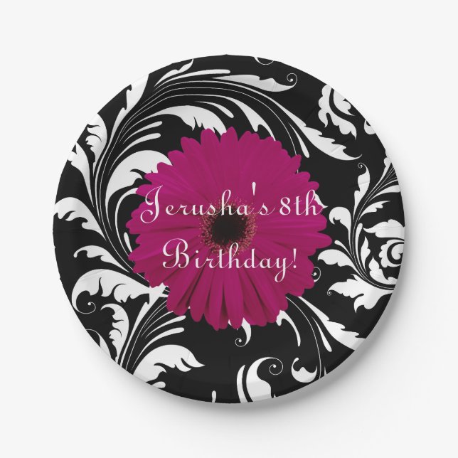 Fuchsia Pink Gerbera Daisy Black/White Swirl Girly Paper Plates (Front)