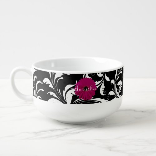 Fuchsia Pink Gerbera Daisy BlackWhite Swirl Girly Soup Mug