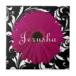 Fuchsia Pink Gerbera Daisy Black/White Swirl Girly Tile