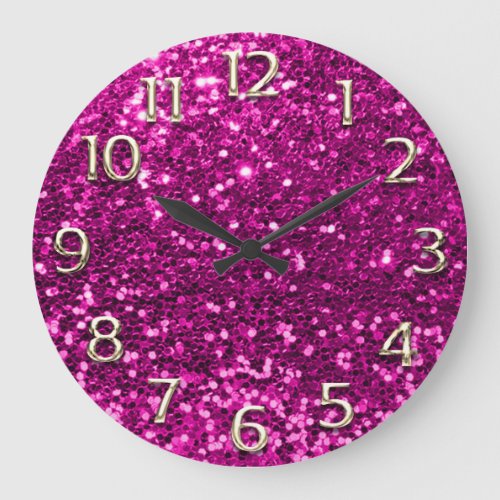 Fuchsia Pink Glitter Arabic Numbers Champaigne Large Clock