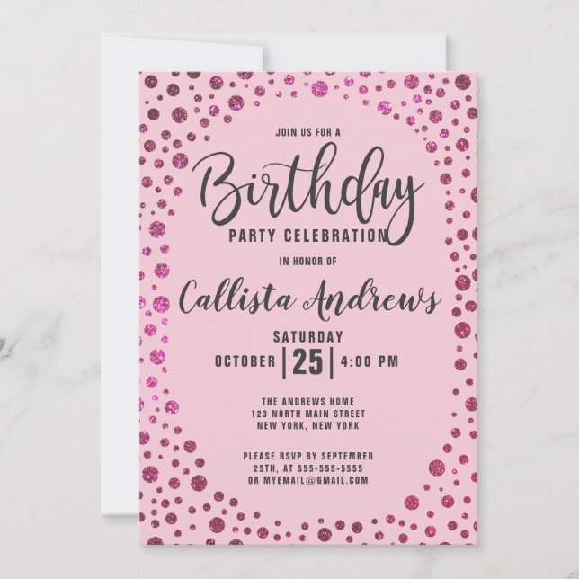 Fuchsia Pink  Glitter Confetti Border Birthday Invitation (Front)