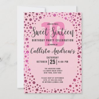 Fuchsia Pink Glitter Confetti Border Sweet 16 Invitation | Zazzle