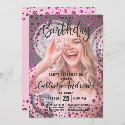 Fuchsia Pink  Glitter Confetti Photo Birthday Invitation