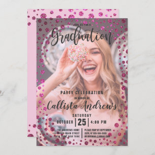 Fuchsia Pink Glitter Confetti Photo Graduation Invitation