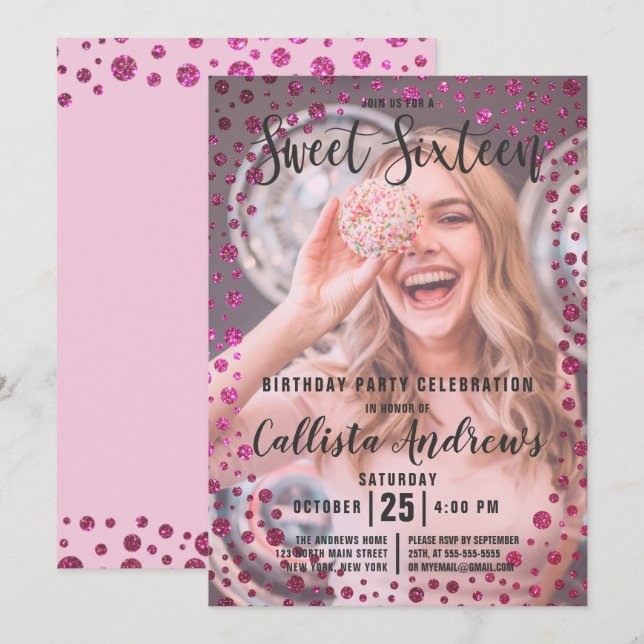 Fuchsia Pink  Glitter Confetti Photo Sweet 16 Invitation (Front/Back)