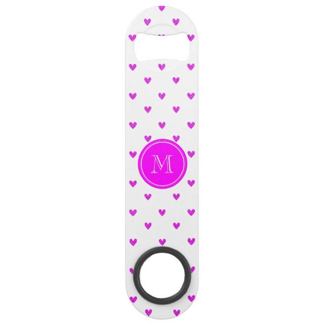 Fuchsia Pink Glitter Hearts with Monogram Speed Bottle Opener (Front)
