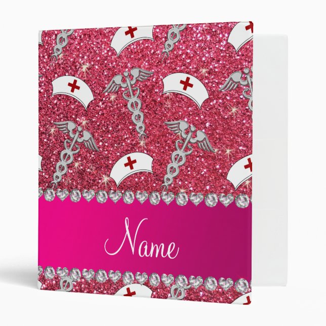 Fuchsia pink glitter nurse hats silver caduceus binder (Front/Inside)