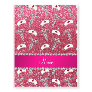 Fuchsia pink glitter nurse hats silver caduceus temporary tattoos