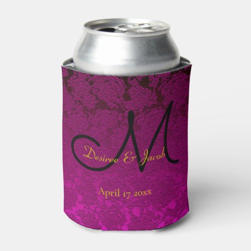 Fuchsia Pink Gold Black Elegant Wedding Monogram Can Cooler