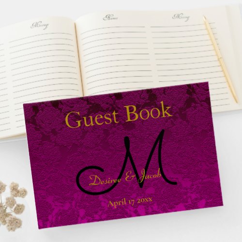 Fuchsia Pink Gold Black Elegant Wedding Monogram Guest Book