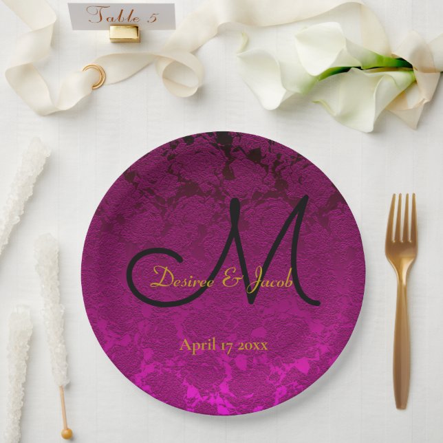 Fuchsia Pink Gold Black Elegant Wedding Monogram Paper Plates (Wedding)