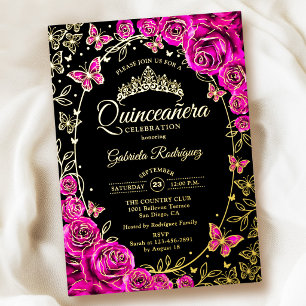 Fuchsia Pink Gold Black Roses Quinceanera Foil Invitation
