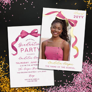 Fuchsia Pink Gold Bow Arch Photo Foil Graduation Invitation
