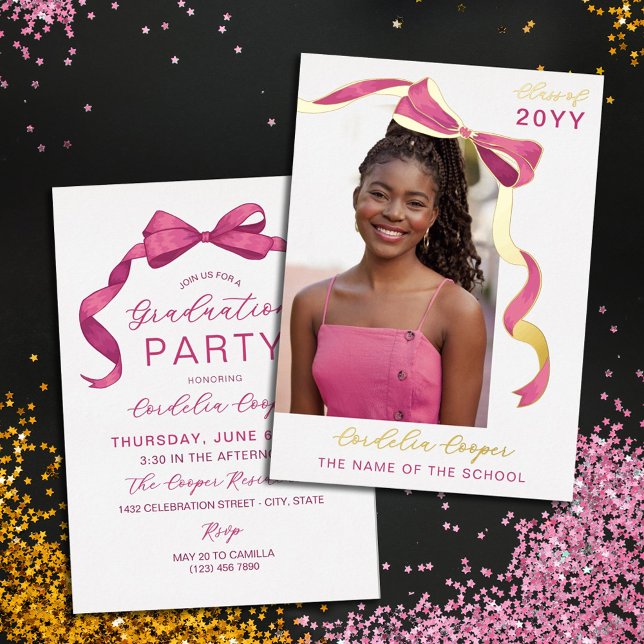 Fuchsia Pink Gold Bow Arch Photo Foil Graduation Invitation (Creator Uploaded)