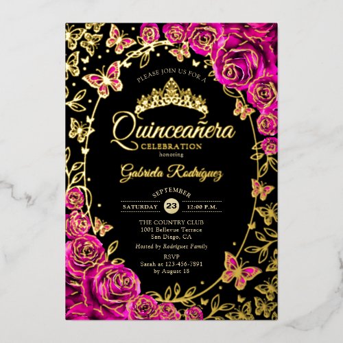 Fuchsia Pink Gold Butterflies Roses Quinceanera Foil Invitation