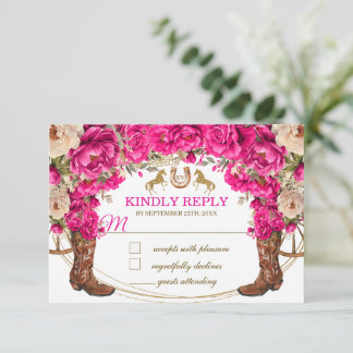 Fuchsia Pink Gold Cowboy Boots Quinceañera RSVP Note Card