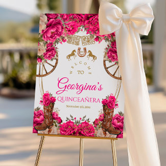 Fuchsia Pink Gold Cowboy Quinceañera Welcome Sign