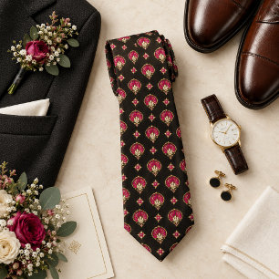 Fuchsia Pink Gold Fan Motif on Black Geometric Neck Tie
