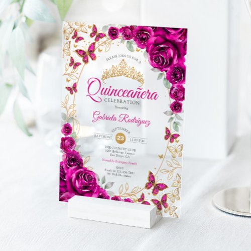 Fuchsia Pink Gold Floral Quinceanera