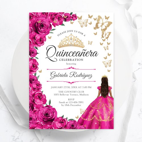 Fuchsia Pink Gold Floral Quinceanera Invitation