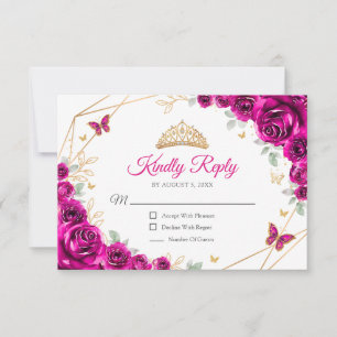 Fuchsia Pink Gold Floral Quinceanera Reply RSVP Card