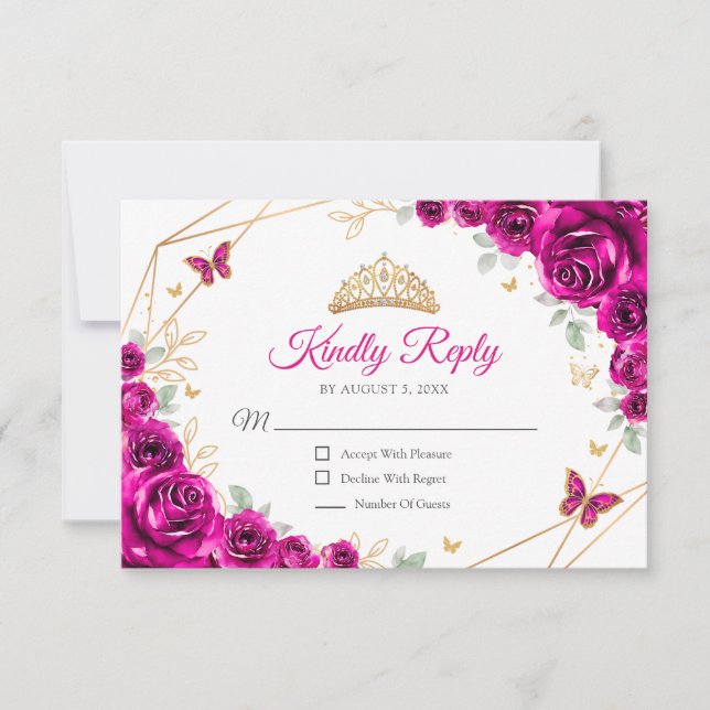 Fuchsia Pink Gold Floral Quinceanera Reply RSVP Card (Front)
