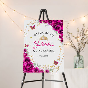 Fuchsia Pink Gold Floral Quinceanera Welcome Foam Board