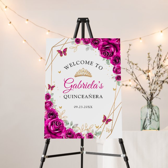 Fuchsia Pink Gold Floral Quinceanera Welcome Foam Board (In Situ (Stand))