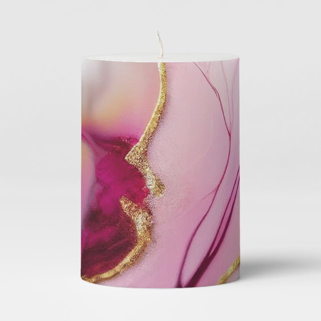 Fuchsia Pink Gold Infusion Pillar Candle (Front)