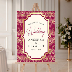 Fuchsia Pink Gold Lace Indian Wedding Welcome Sign