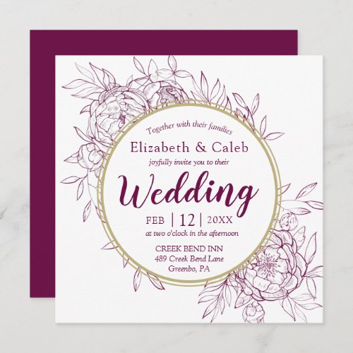 Fuchsia Pink  Gold Peony Floral Toile Wedding Invitation