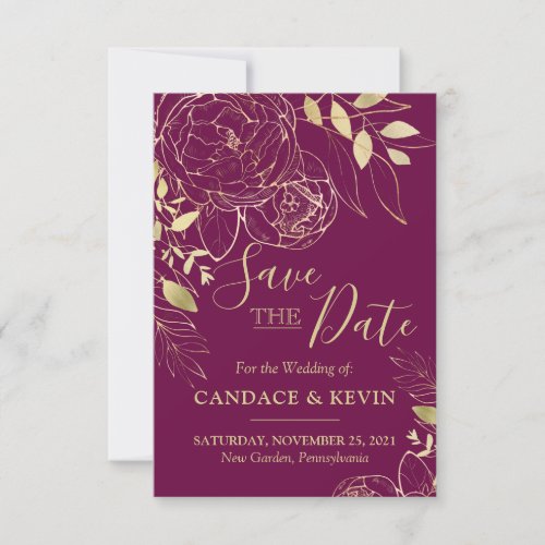 Fuchsia Pink  Gold Peony Modern Floral Wedding Save The Date