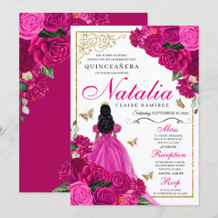 Fuchsia Pink Gold Princess Butterflies Quinceañera Invitation